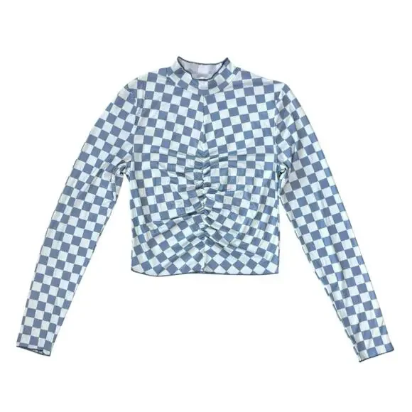 Storia Checkered Silky Long Sleeve Mock Neck Cinched Cropped Top Size Small NWOT - Picture 2 of 8